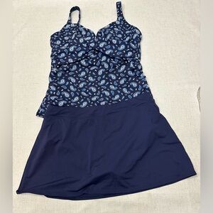 💜Lands' End Navy Swim Bra Tankini with Patterned Trim